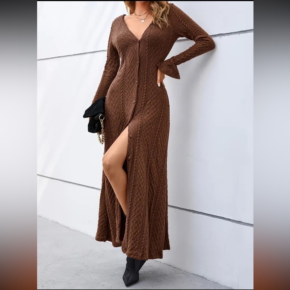 Brown Buttoned down Slit Long Dress size medium